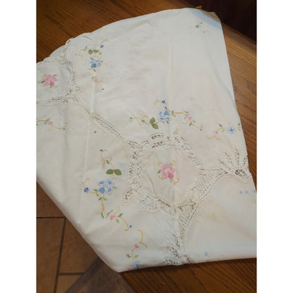 Vintage Hand-Embroidered & Cutwork Lace White Oval Tablecloth Pastel Florals