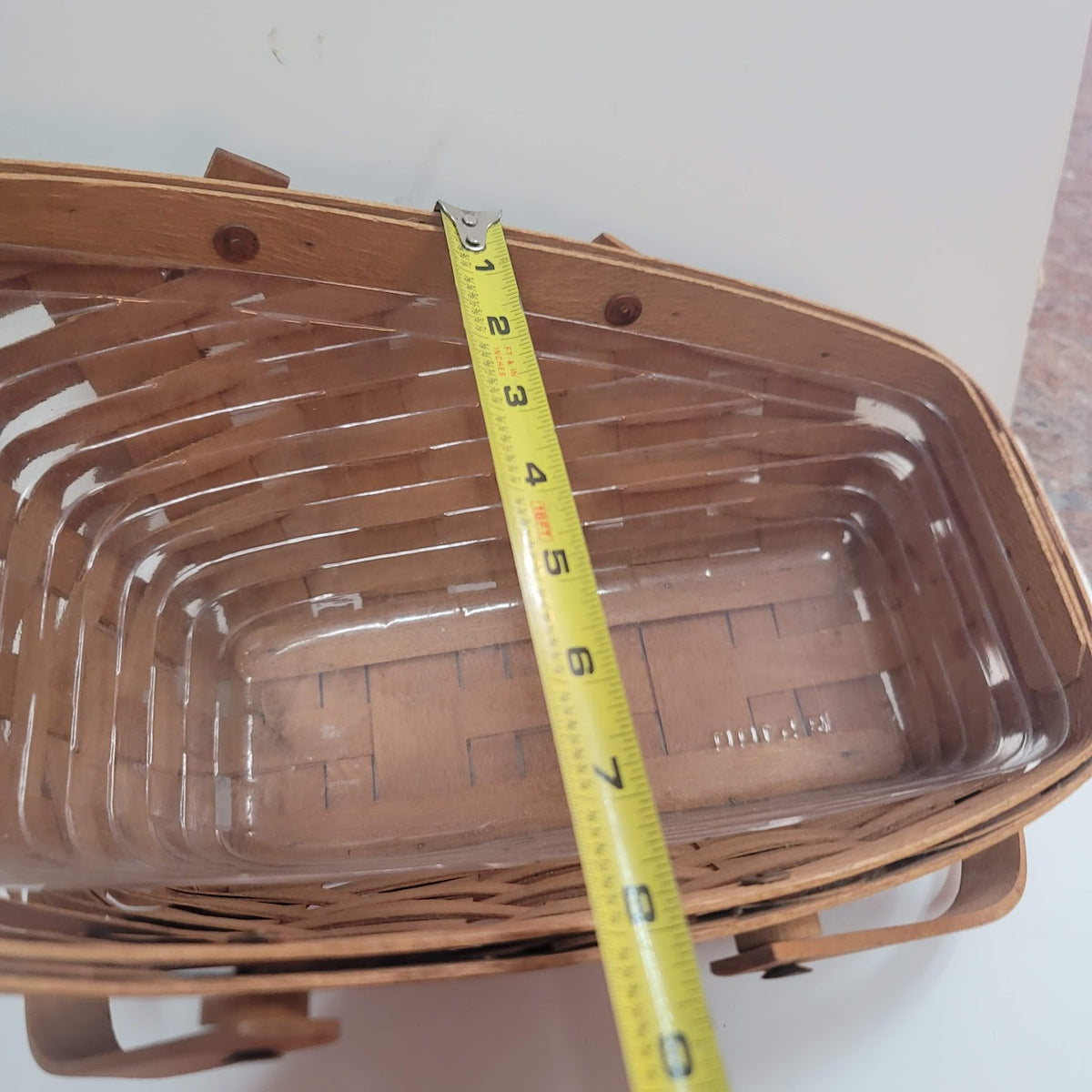 Longaberger 13" wine wood vegetable basket '92 clear liner slanted double handle