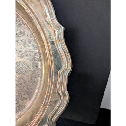 Vintage Hollywood Regency Silverplate Footed Round Platter Ornate Serving Tray