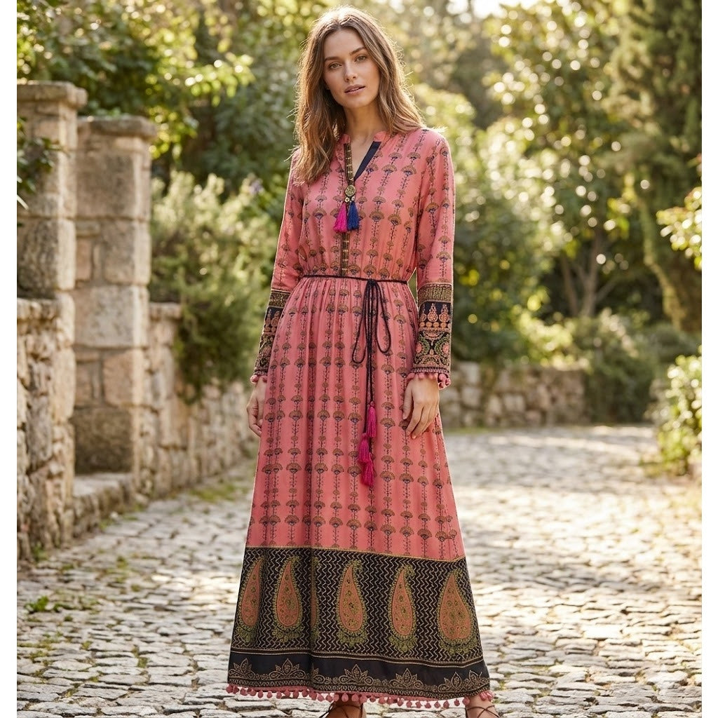 Vintage Pink Floral Embroidered Boho Maxi Dress Whimsigoth Large