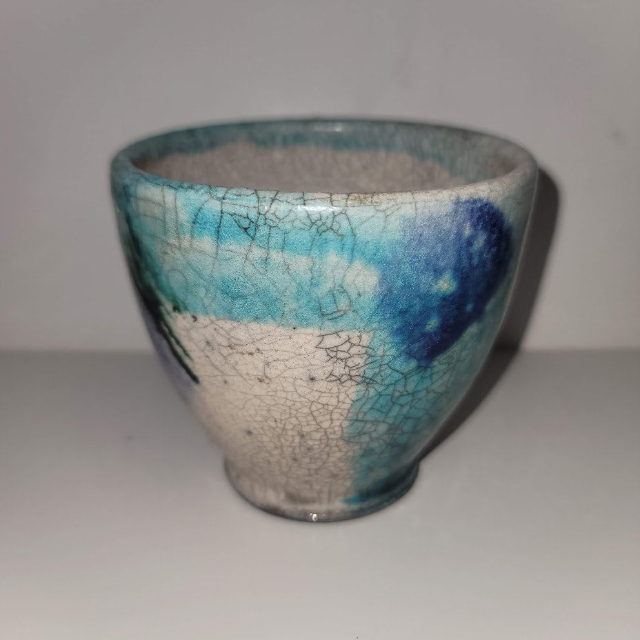 Handmade mini vase MCM cup 4" crazed underglaze Raku Studio Art Pottery Bowl