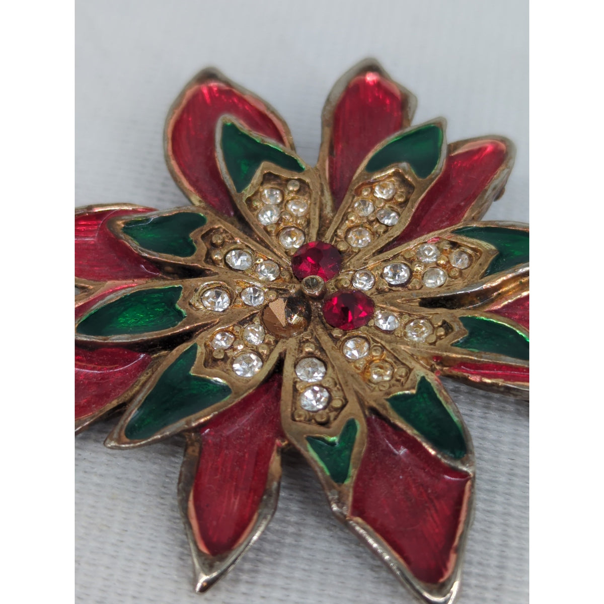 Vintage Tanya Creations Enamel Rhinestone Poinsettia Christmas Brooch Holiday