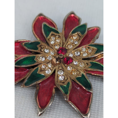 Vintage Tanya Creations Enamel Rhinestone Poinsettia Christmas Brooch Holiday