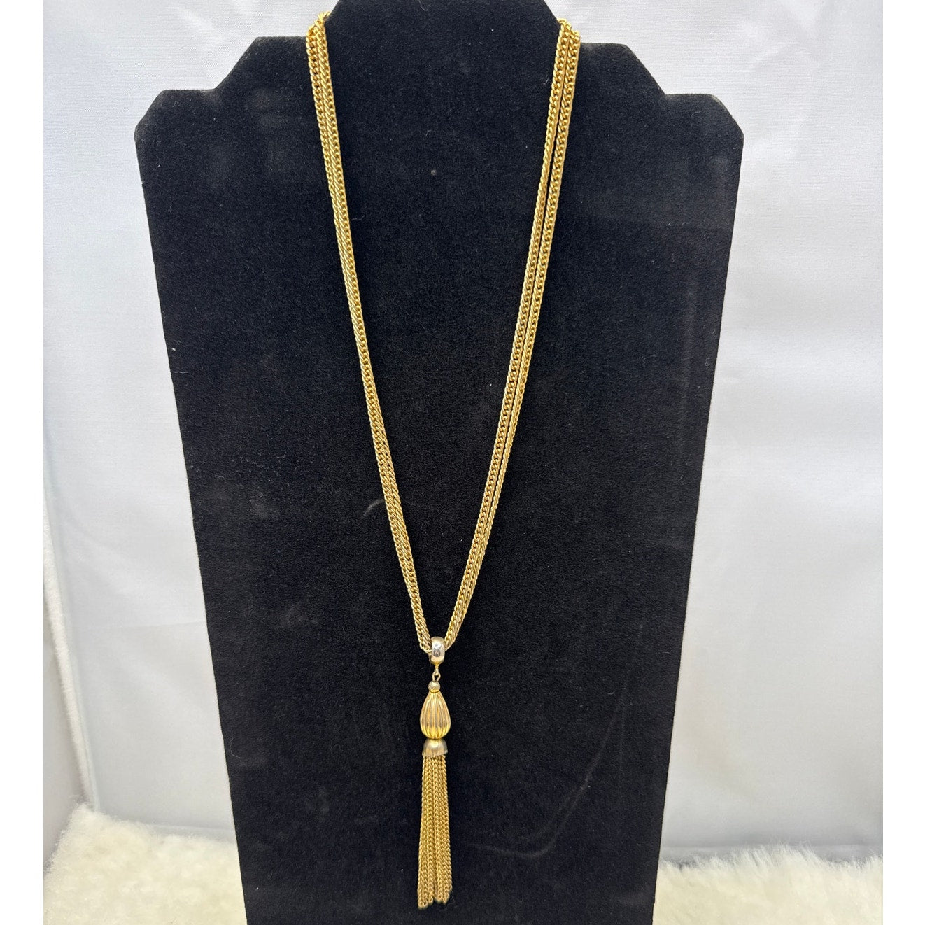 Vintage Double Strand Gold Tone Tassel Statement Necklace Rabbit Ear Bail
