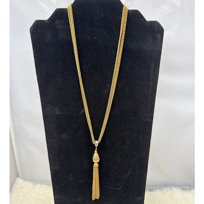 Vintage Double Strand Gold Tone Tassel Statement Necklace Rabbit Ear Bail