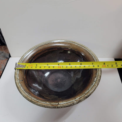 Handmade pottery bown rim brown Signed Salt Glazed Dripware Art Earth tones 8"