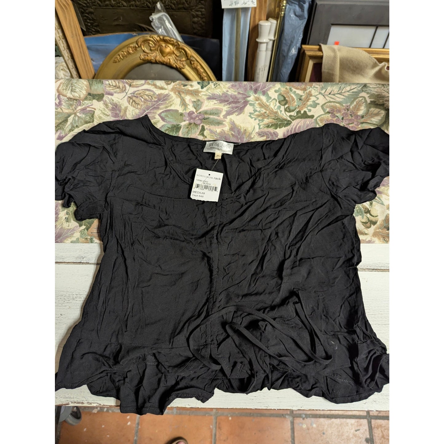 NWT We My People Black drawstring middle crop Ruffle Top Boho Medium