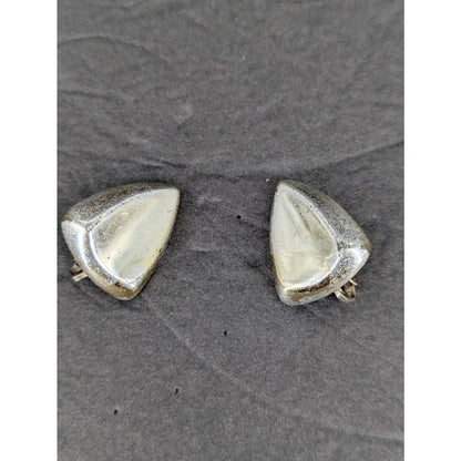 Vintage Mid-Century Silver Tone Sculptural Clip-On Earrings Retro