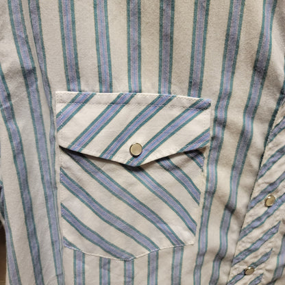 Wrangler pearl snap shirt blue white short sleeve Mens shirt Size 16 1/2 tall