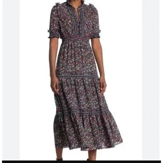 MAX STUDIO Floral Puff Sleeve Dress $148 MEDIUM Midi Flounce Bottom NEW $148