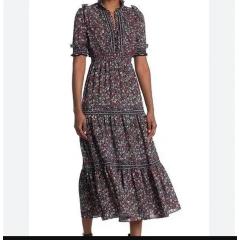 MAX STUDIO Floral Puff Sleeve Dress $148 MEDIUM Midi Flounce Bottom NEW $148