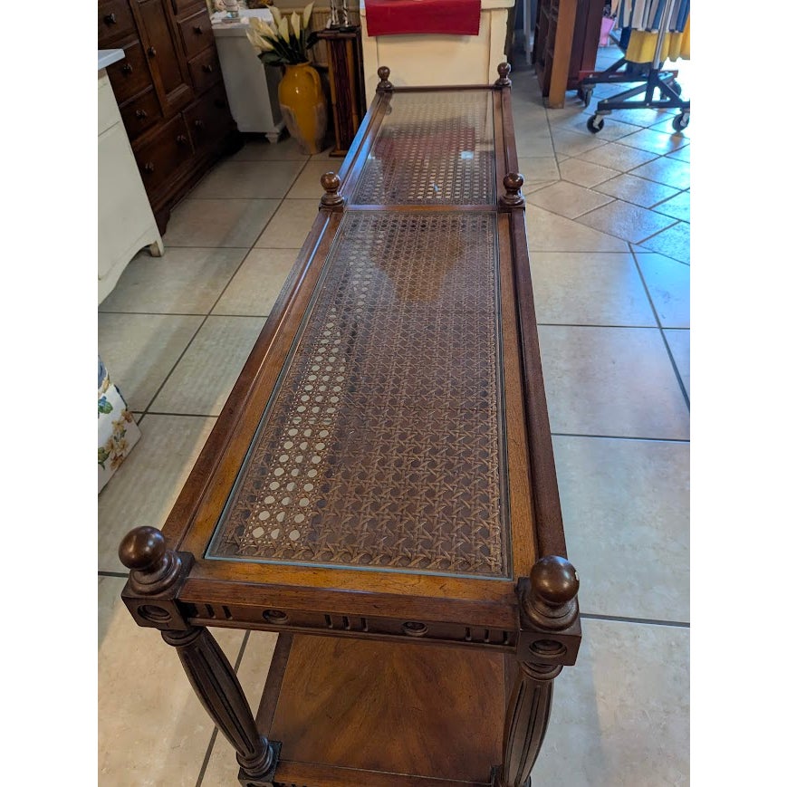 Secondhand Sandies: Long Traditional Wood & Glass Sofa Table with Turned Posts and Finials