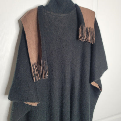 Shawl One Size Black Brown Reversible long Sweater Wrap Fringe Fuzzy Armholes