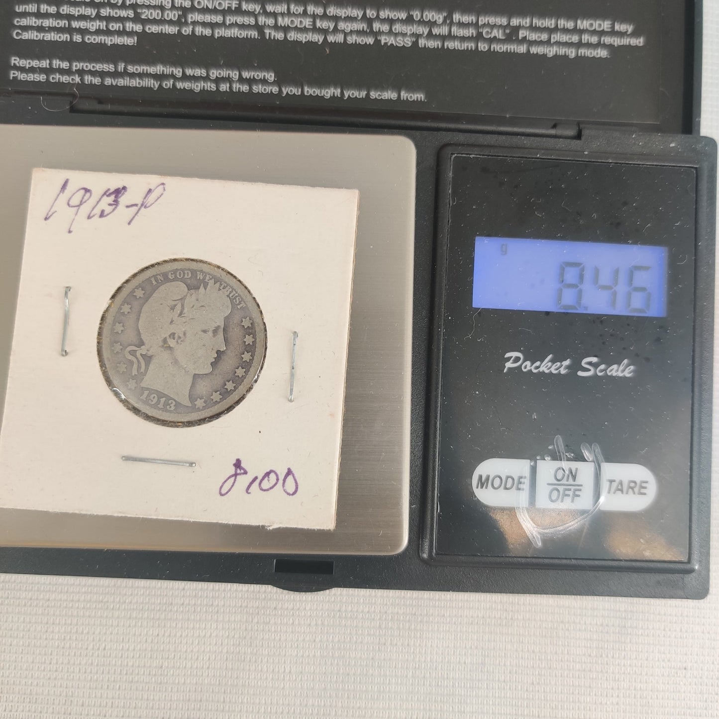 1913 Barber Silver Quarter - Scarce Low Mintage Vintage US Coin - Good Condition