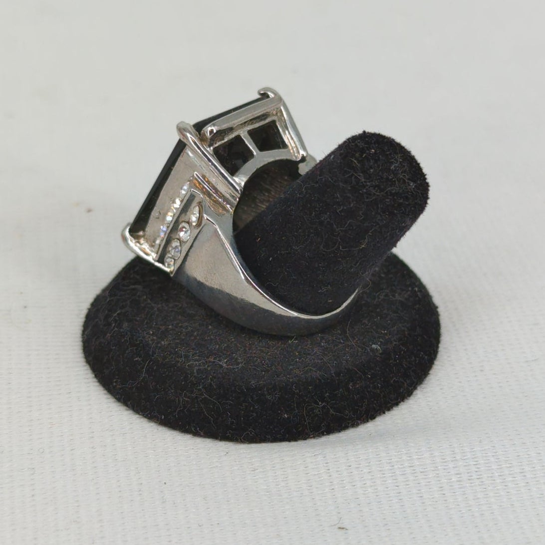 Vintage Silver Tone Black Onyx Style Emerald Cut Statement Ring Glamour Size 10