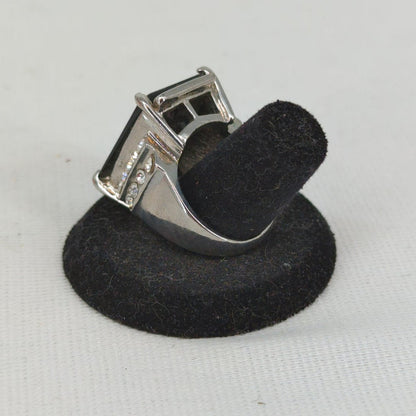 Vintage Silver Tone Black Onyx Style Emerald Cut Statement Ring Glamour Size 10