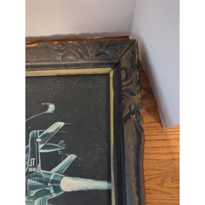 Vintage US Military Jet Fighter Ejection Scene Black Velvet Painting Carve Frame