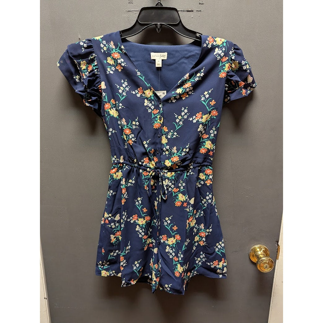 Maison Jules Size XS romper blue floral short sleeves shorts elastic waist NEW