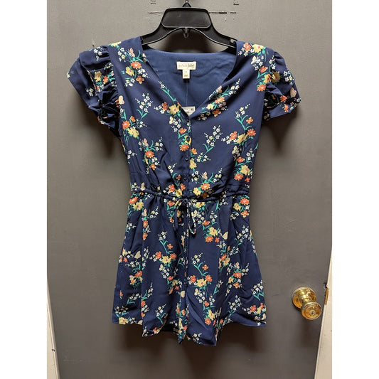 Maison Jules Size XS romper blue floral short sleeves shorts elastic waist NEW