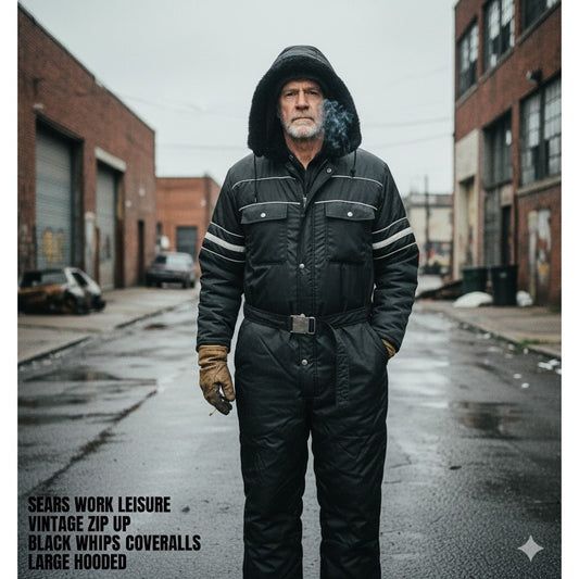 Sears Work Leisure Vintage Zip Up Black White Strips Coveralls Large HOODED