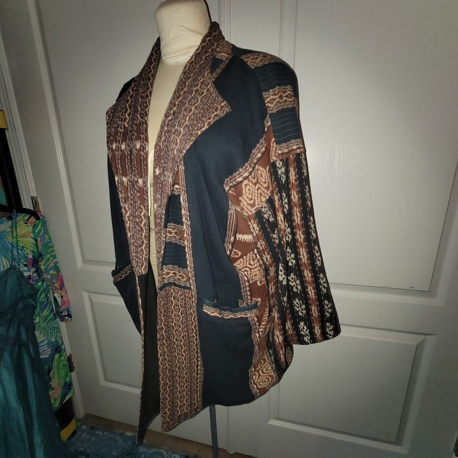 Vintage Reversible Open Front Jacket XL Tribal Stripe Art to Wear Boho Kimono