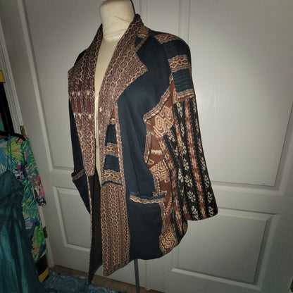 Vintage Reversible Open Front Jacket XL Tribal Stripe Art to Wear Boho Kimono