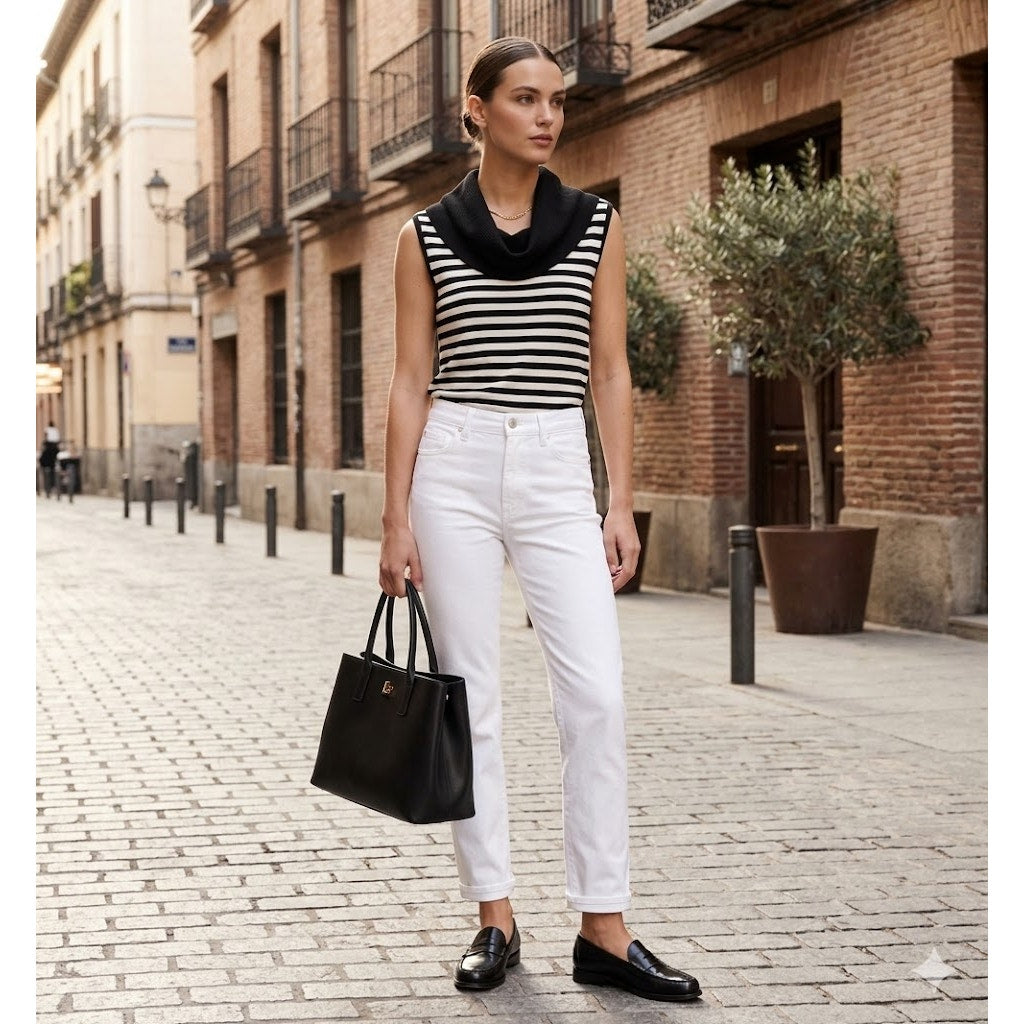 Preston & York Striped Cowl Neck Knit Top Medium Black White Sleeveless