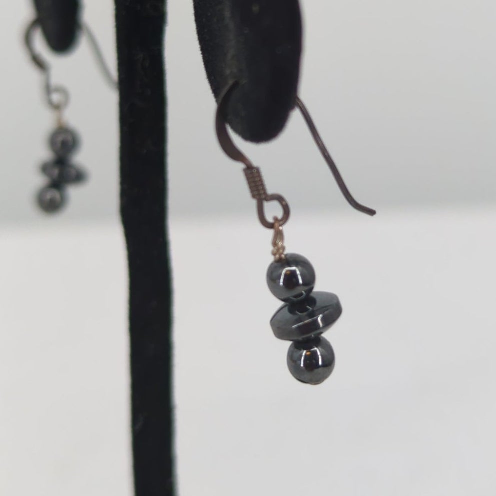 Vintage Dark Onyx Glass Beaded silver .925  Petite Dangle Earrings