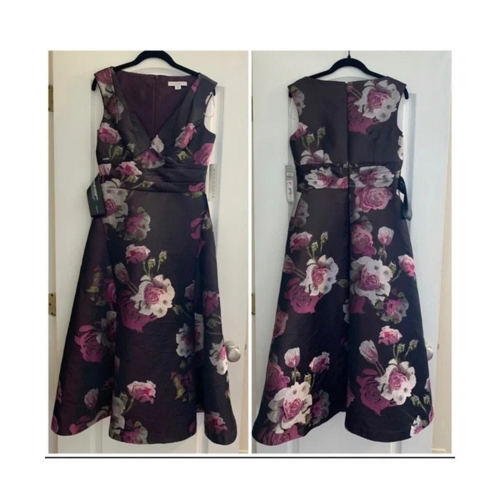 Kay Unger Size 4 Tea Length Midi Plum Floral Sleeveless Fit Flare cocktail DRESS