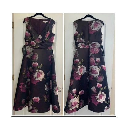 Kay Unger Size 4 Tea Length Midi Plum Floral Sleeveless Fit Flare cocktail DRESS