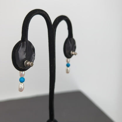 Vintage PIERCED Baroque 1" Earrings Freshwater Pearl blue bead dangle earrings