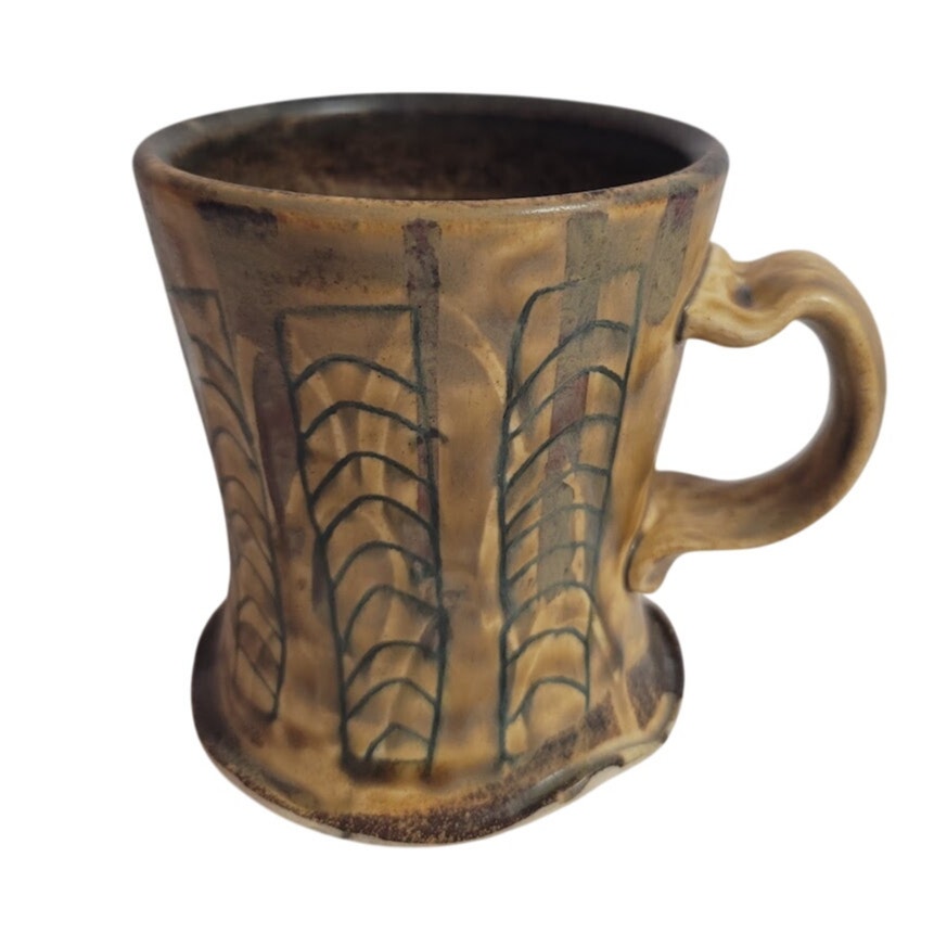 Handmade Brown whimsical coffee mug Clay encised art pottery organic