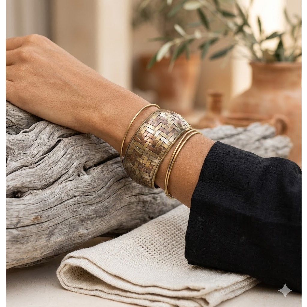 Vintage Mixed Metal Basketweave Bangle Bracelet Brass Copper Silver Tone