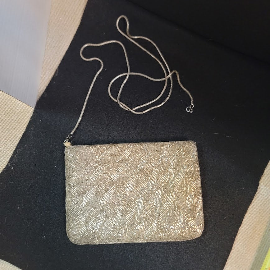 Vintage Beaded Evening Bag Cream Metallic Clutch damaged strap