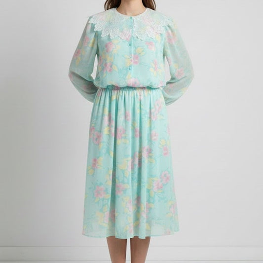 Blue pink dress Cottagecore blouson long sleeve pleated bottom lace collar XL