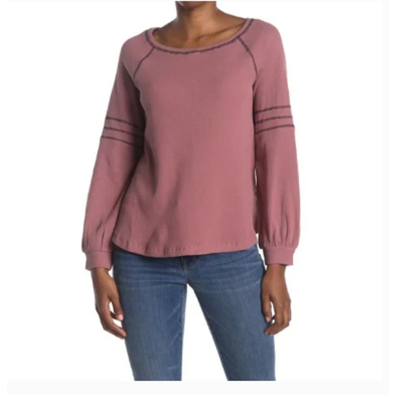 Emelia Size Large Thermal Long Sleeve shirt top Raglan Mocha Rust Stripe NEW