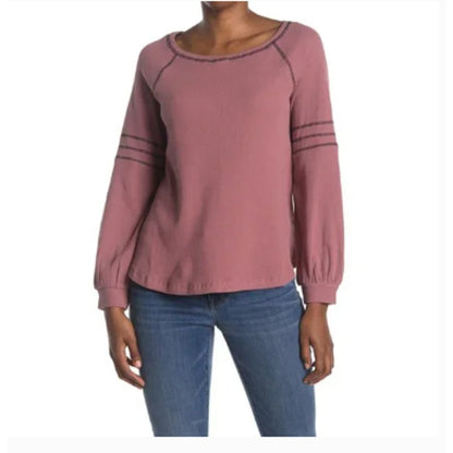 Emelia Size Large Thermal Long Sleeve shirt top Raglan Mocha Rust Stripe NEW
