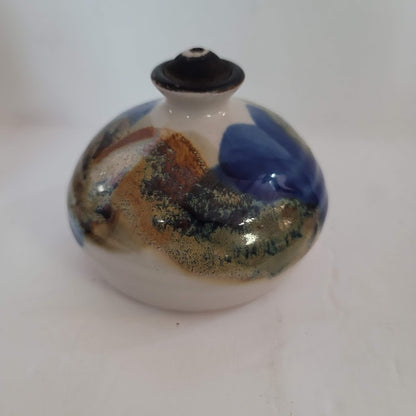 Handmade Round Blue Brown Glaze Swirled Bud Vase / Diffuser Fragrance Artist KS