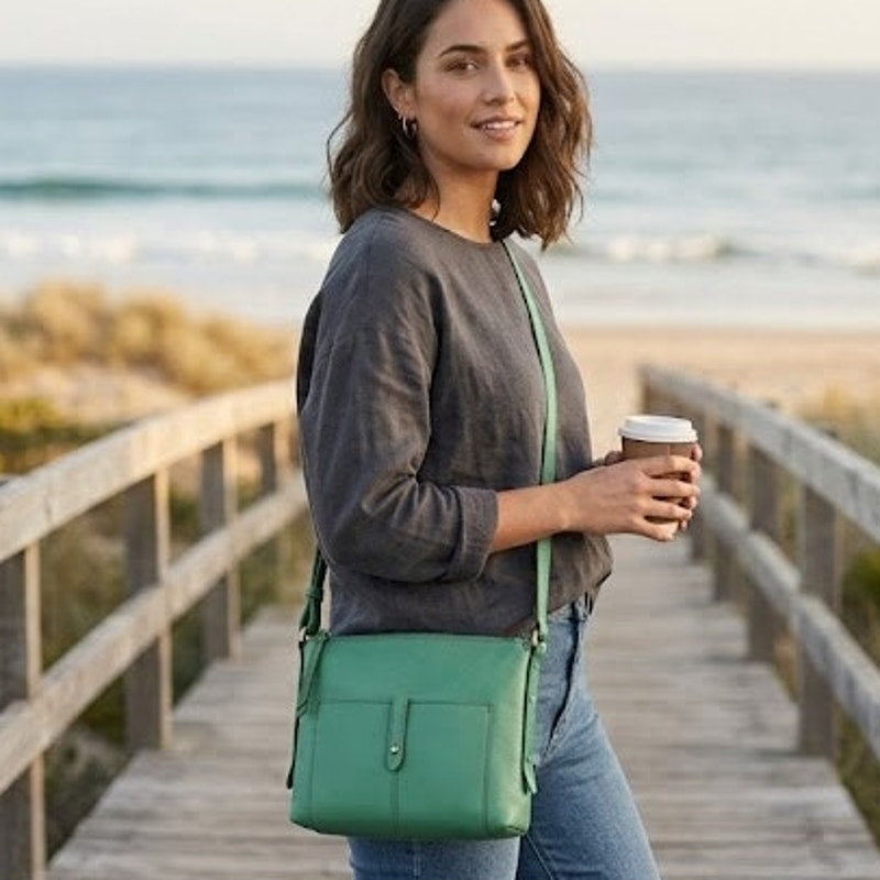 Fossil Heritage Green Pebbled Leather Crossbody Bag Travel Lightweight