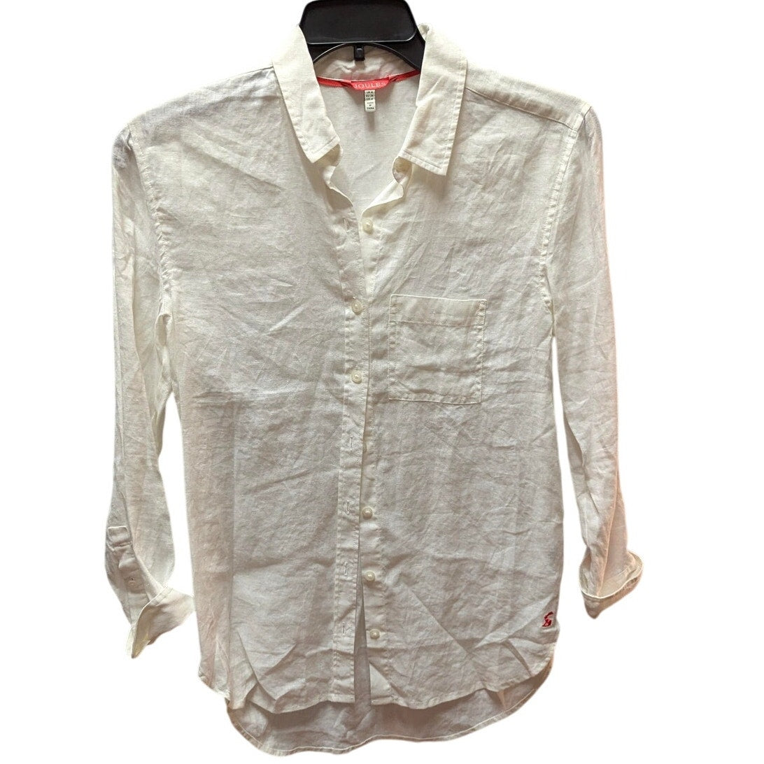 Joules Linen Button Up Shirt Womens US 4 White Pocket Long Sleeve Blouse