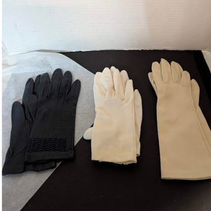3 pairs of ladies gloves Brown Leather, White Cloth, Cream Mid Length Size Small