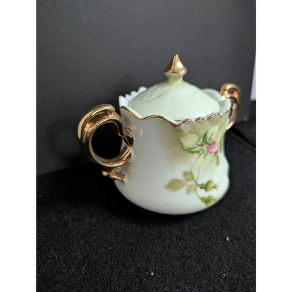Vintage Lefton Green Rose Lidded Sugar Bowl Porcelain Gold Gilt 3066