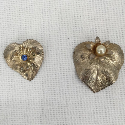 Pair of vintage goldtone PINS Brooches Leaf design faux stones Pearl Sapphire