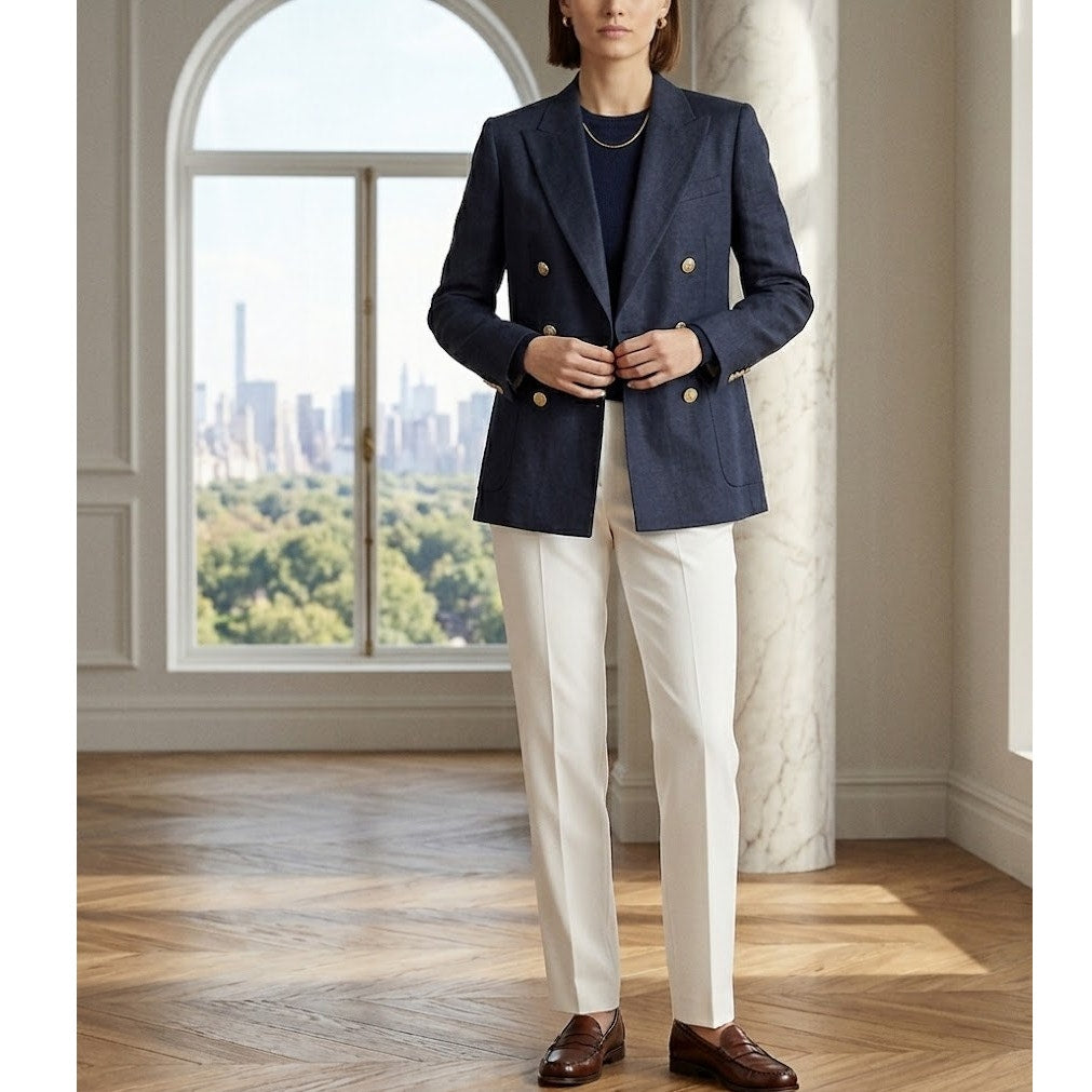 Lauren Ralph Lauren Linen Blazer Navy Double Breasted Gold Button 10P Preppy