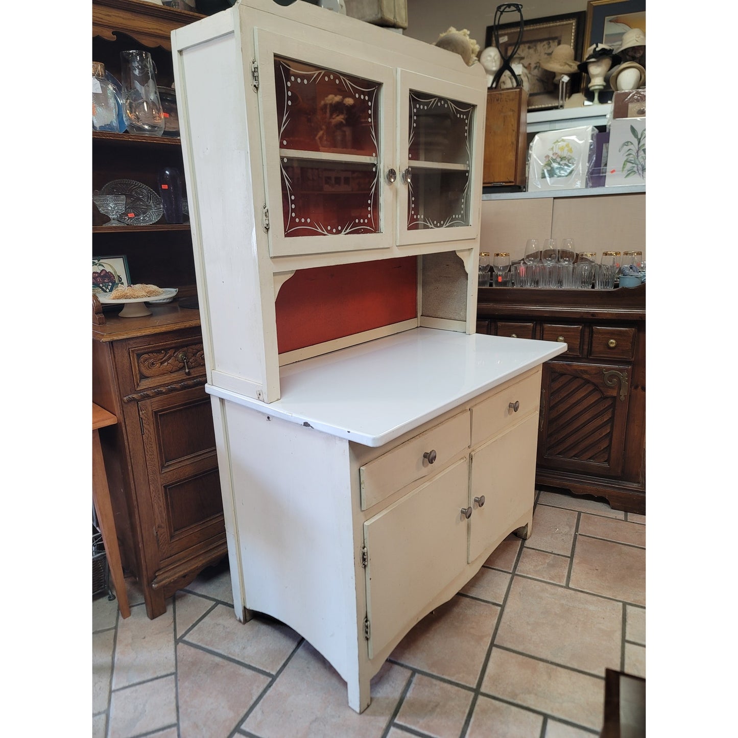 Secondhand Sandies 2 pc. Antique kitchen Hoosier porcelain top cabinet cupboard