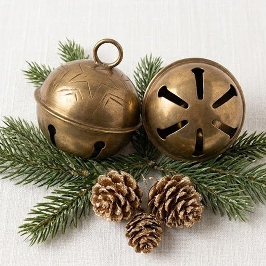 Vintage Brass Sleigh Bells Pair 2" Etched Star Pattern Holiday Decor