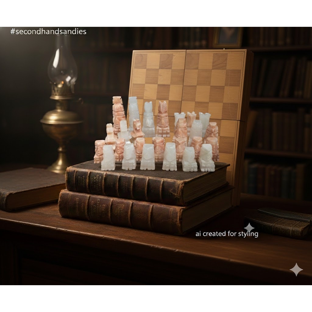 Vintage Hand-Carved Alabaster Chess Set – Rose & White Marble Pieces damaged
