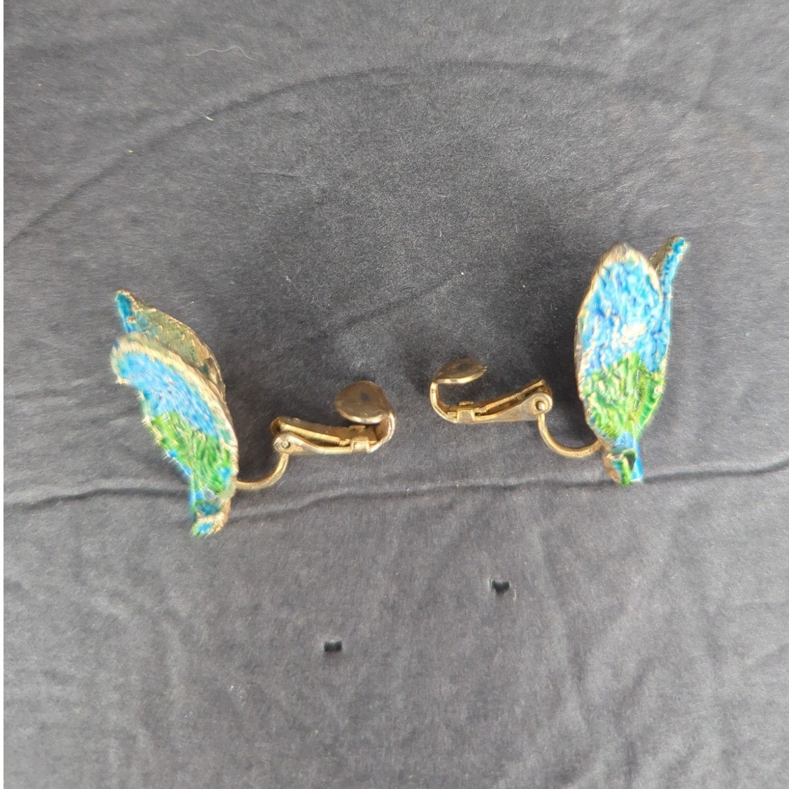 Handmade Blue & Green Leaf Paper Mache Clip On Dangle Earrings Retro Fairycore