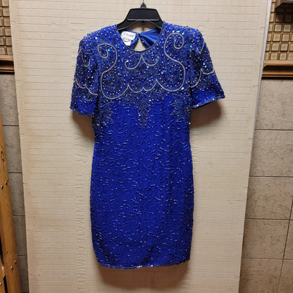 Stenay Vintage 80s Silk Sequin Beaded Knee High 6P Dress Electric Blue Cocktail