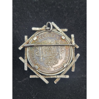 Vintage Spanish 5 Pesetas Brutalist Numismatic coin Pendant Silver Brooch Art